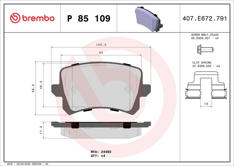Комплект тормозных колодок, дисковый тормоз BREMBO P85109