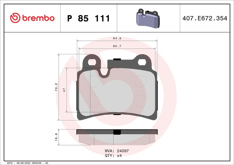 Комплект тормозных колодок, дисковый тормоз BREMBO P85111
