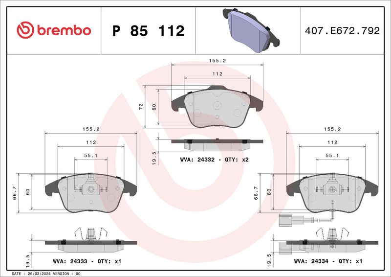 Комплект тормозных колодок, дисковый тормоз BREMBO P85112