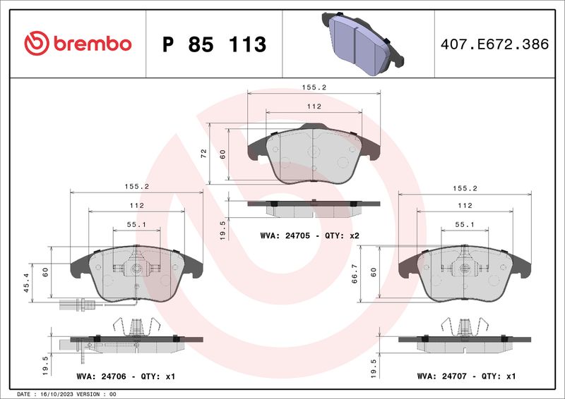 Комплект тормозных колодок, дисковый тормоз BREMBO P85113