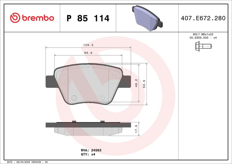 Комплект тормозных колодок, дисковый тормоз BREMBO P85114