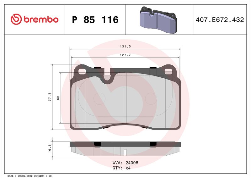 Комплект тормозных колодок, дисковый тормоз BREMBO P85116