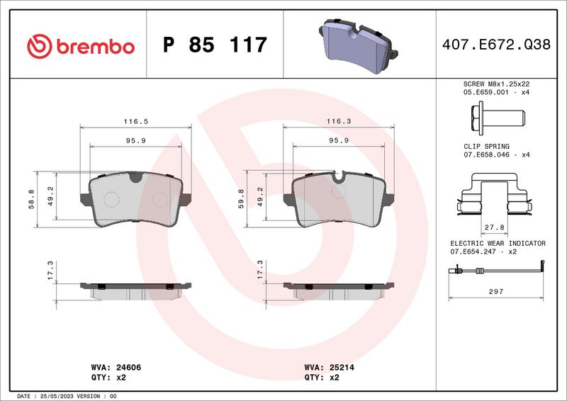 Комплект тормозных колодок, дисковый тормоз BREMBO P85117