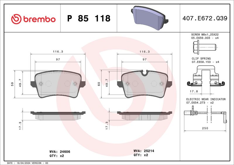 Комплект тормозных колодок, дисковый тормоз BREMBO P85118