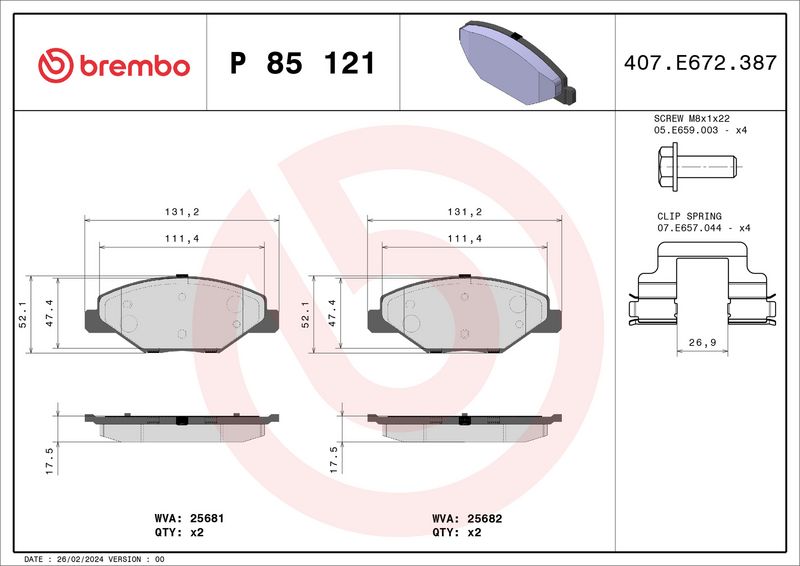 Комплект тормозных колодок, дисковый тормоз BREMBO P85121