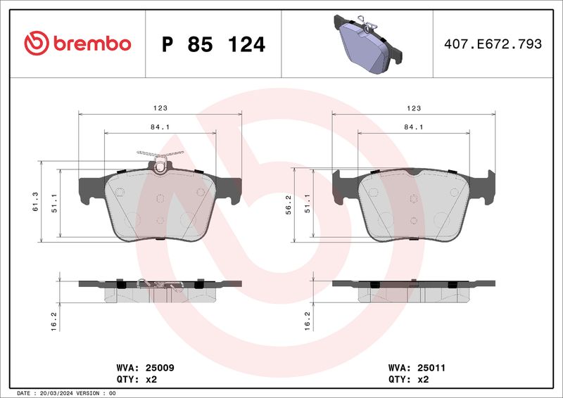 Комплект тормозных колодок, дисковый тормоз BREMBO P85124X