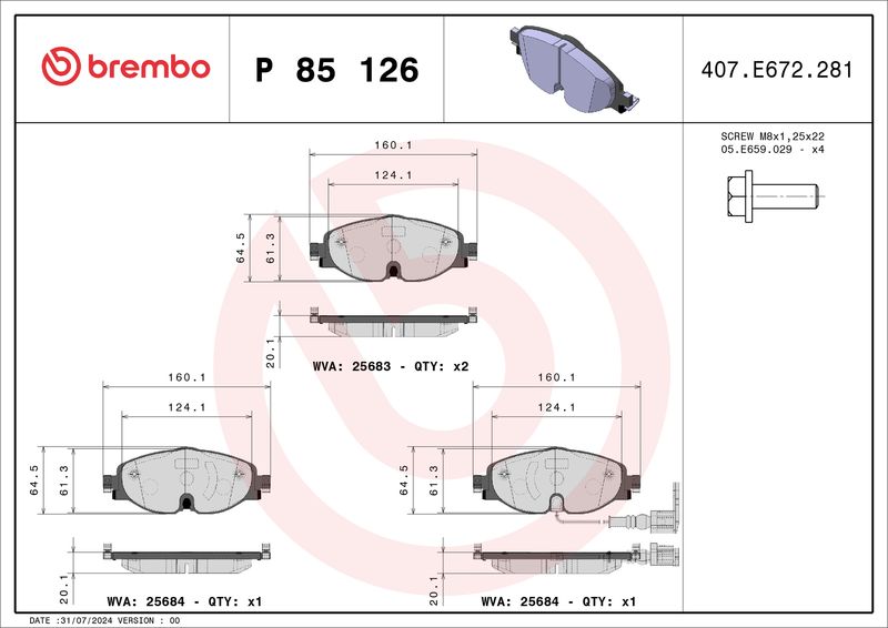 Комплект тормозных колодок, дисковый тормоз BREMBO P85126X