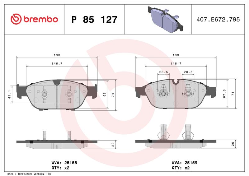 Комплект тормозных колодок, дисковый тормоз BREMBO P85127