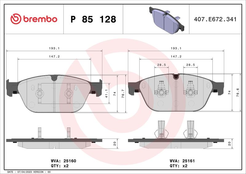Комплект тормозных колодок, дисковый тормоз BREMBO P85128