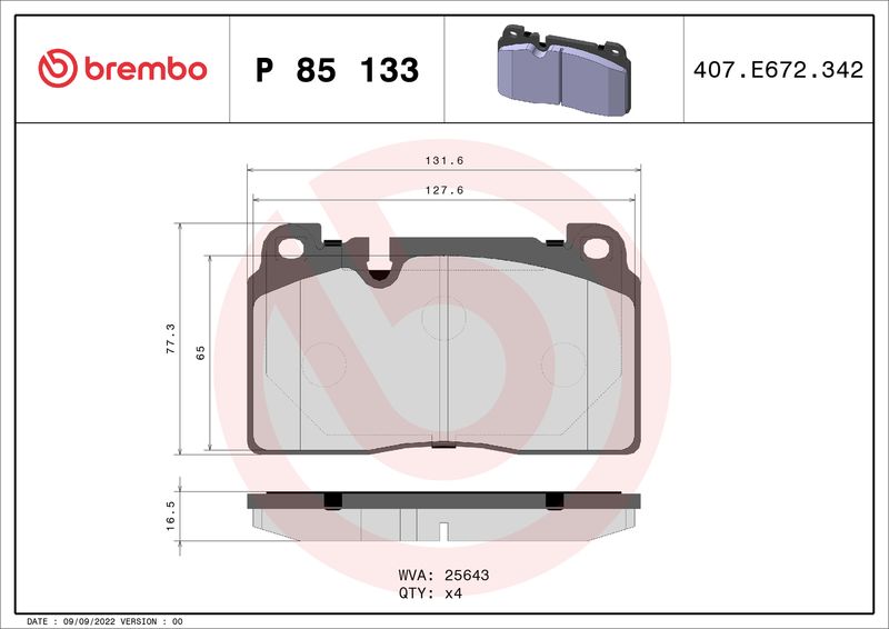 Комплект тормозных колодок, дисковый тормоз BREMBO P85133