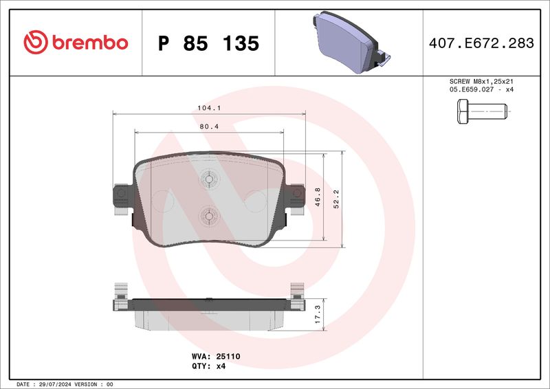 Комплект тормозных колодок, дисковый тормоз BREMBO P85135
