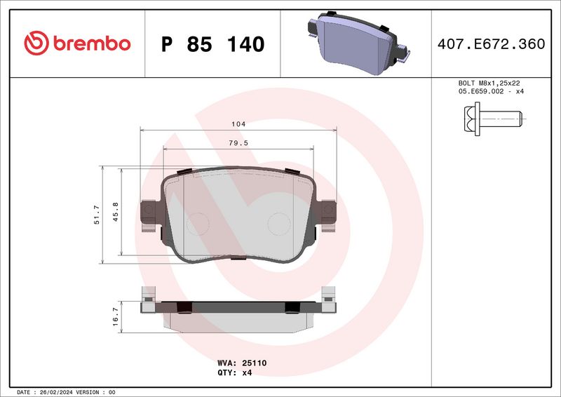Комплект тормозных колодок, дисковый тормоз BREMBO P85140