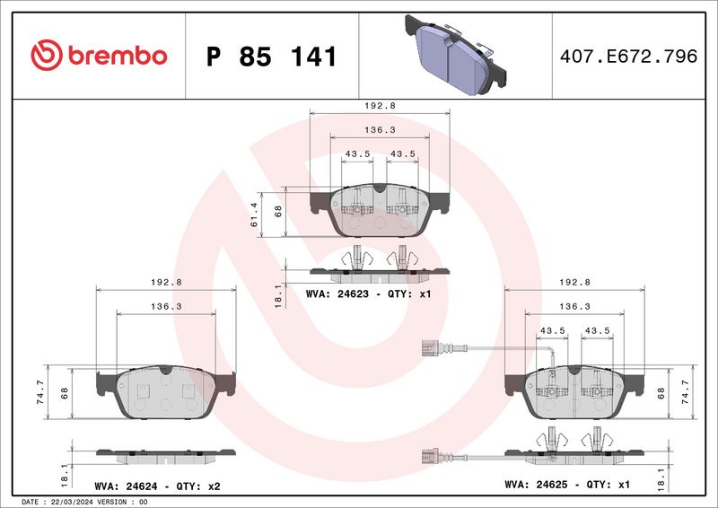 Комплект тормозных колодок, дисковый тормоз BREMBO P85141