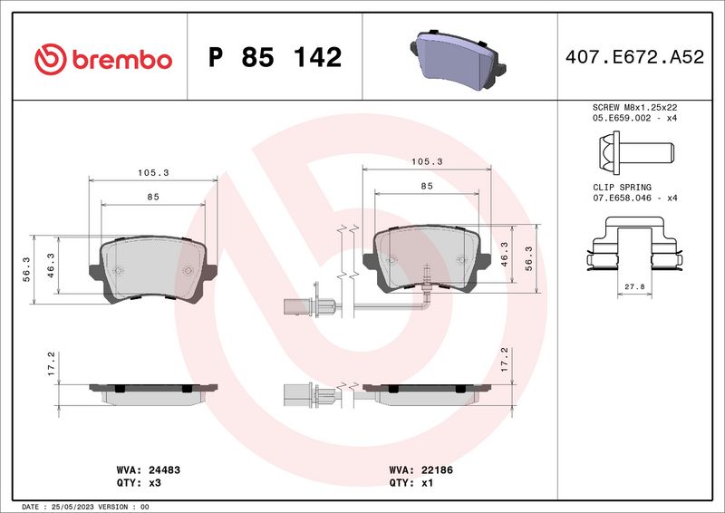 Комплект тормозных колодок, дисковый тормоз BREMBO P85142