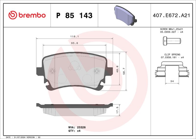 Комплект тормозных колодок, дисковый тормоз BREMBO P85143