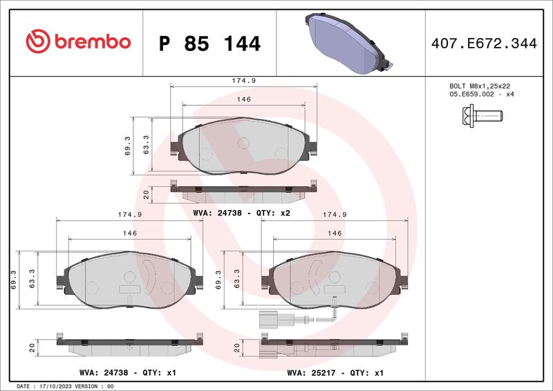 Комплект тормозных колодок, дисковый тормоз BREMBO P85144