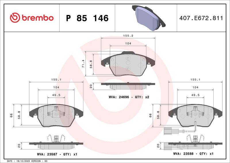 Комплект тормозных колодок, дисковый тормоз BREMBO P85146