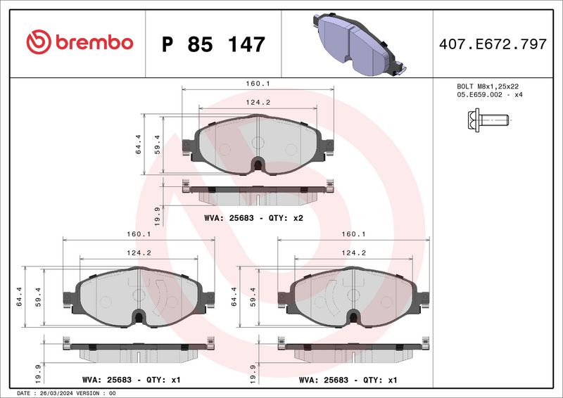 Комплект тормозных колодок, дисковый тормоз BREMBO P85147