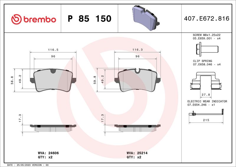 Комплект тормозных колодок, дисковый тормоз BREMBO P85150