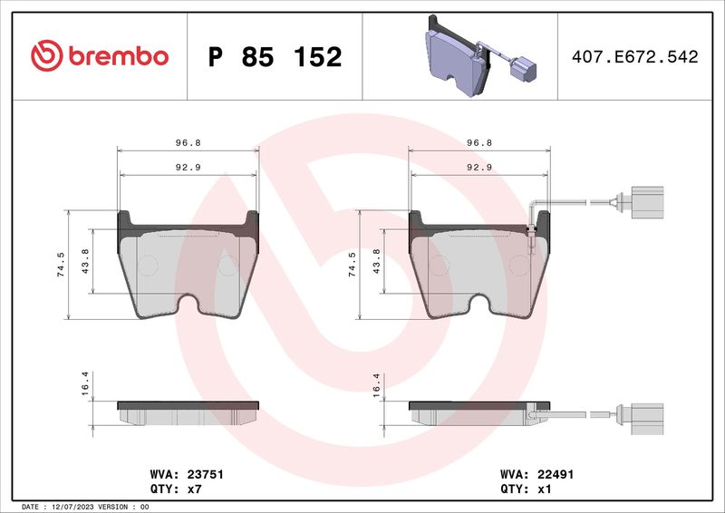 Комплект тормозных колодок, дисковый тормоз BREMBO P85152