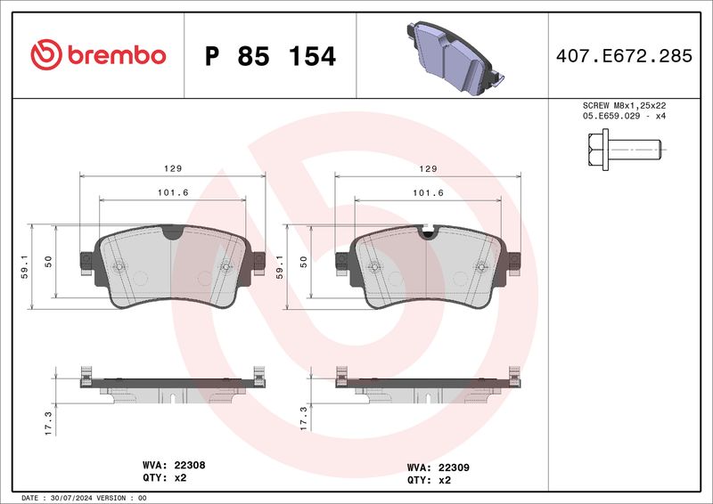 Комплект тормозных колодок, дисковый тормоз BREMBO P85154