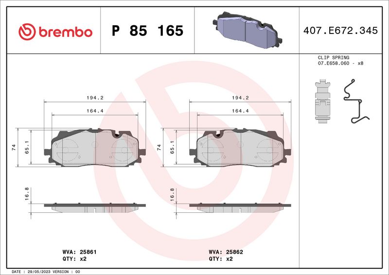 Комплект тормозных колодок, дисковый тормоз BREMBO P85165