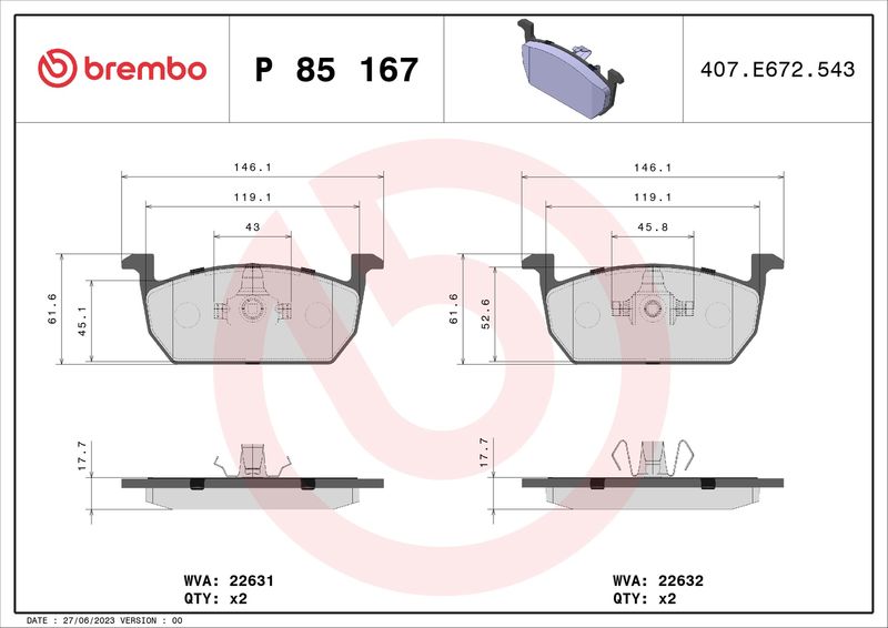 Комплект тормозных колодок, дисковый тормоз BREMBO P85167