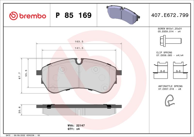 Комплект тормозных колодок, дисковый тормоз BREMBO P85169