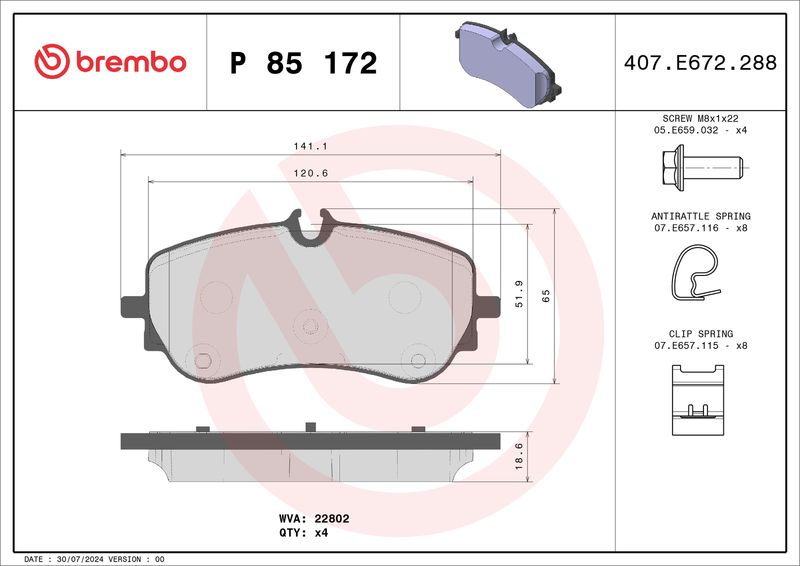 Комплект тормозных колодок, дисковый тормоз BREMBO P85172