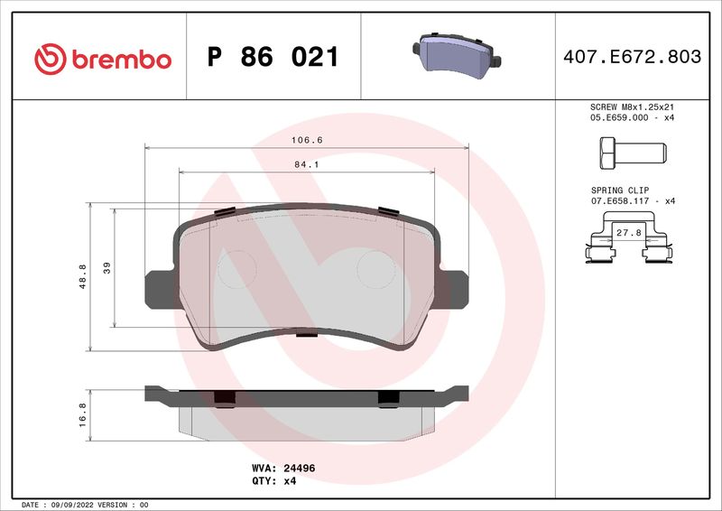 Комплект тормозных колодок, дисковый тормоз BREMBO P86021