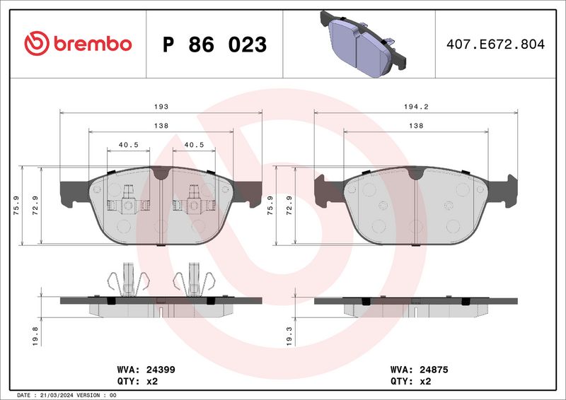 Комплект тормозных колодок, дисковый тормоз BREMBO P86023