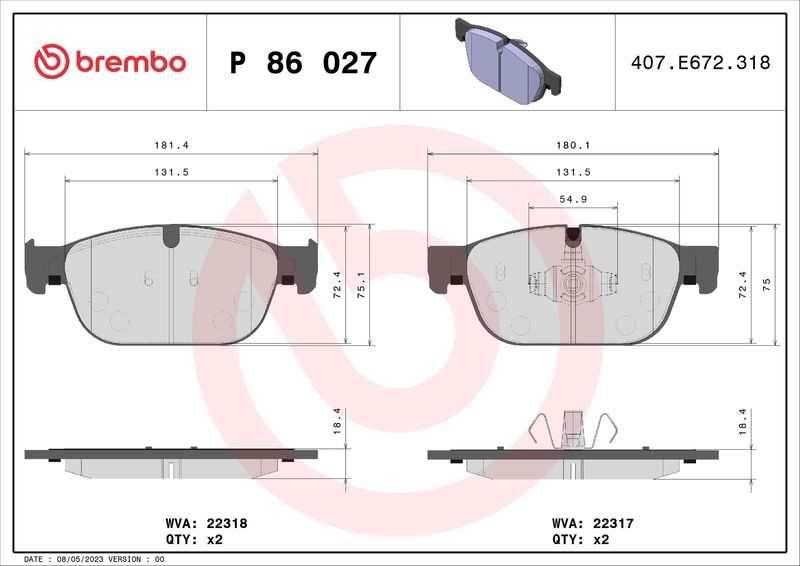 Комплект тормозных колодок, дисковый тормоз BREMBO P86027