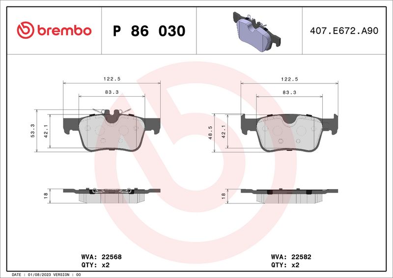 Комплект тормозных колодок, дисковый тормоз BREMBO P86030