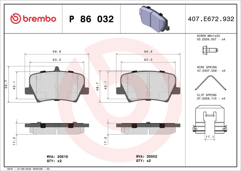 Комплект тормозных колодок, дисковый тормоз BREMBO P86032