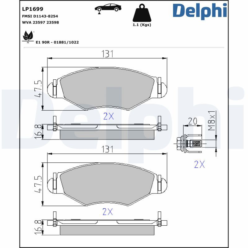 Комплект тормозных колодок, дисковый тормоз DELPHI LP1699