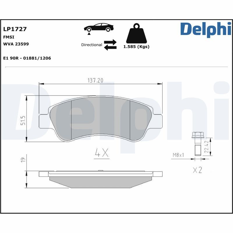 Комплект тормозных колодок, дисковый тормоз DELPHI LP1727