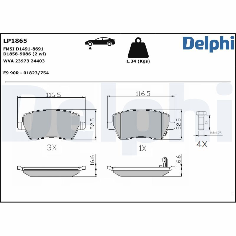Комплект тормозных колодок, дисковый тормоз DELPHI LP1865