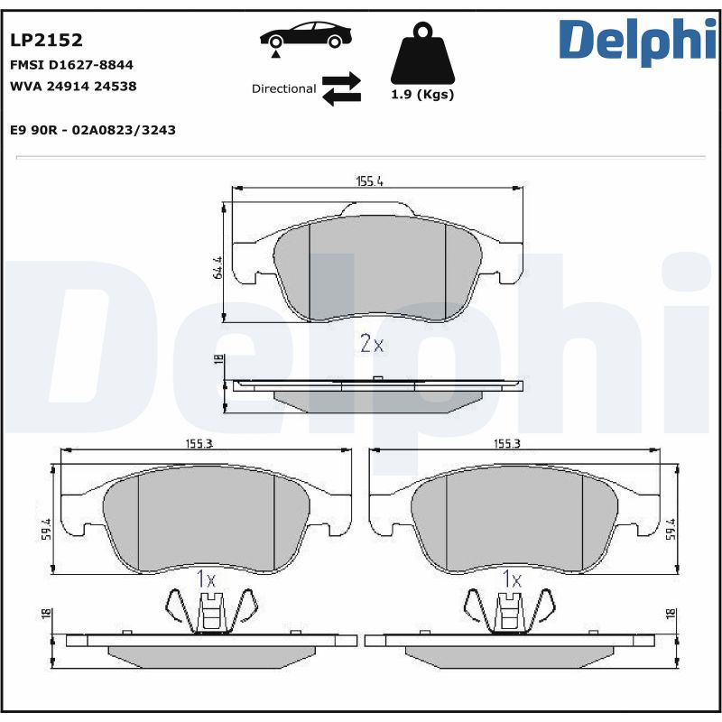 Комплект тормозных колодок, дисковый тормоз DELPHI LP2152
