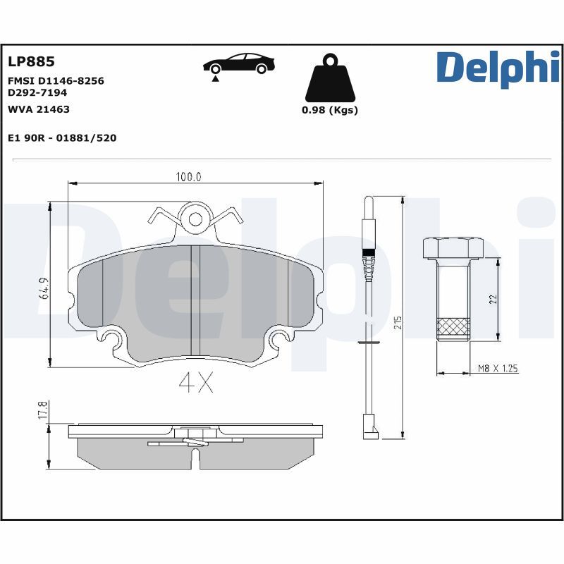 Комплект тормозных колодок, дисковый тормоз DELPHI LP885