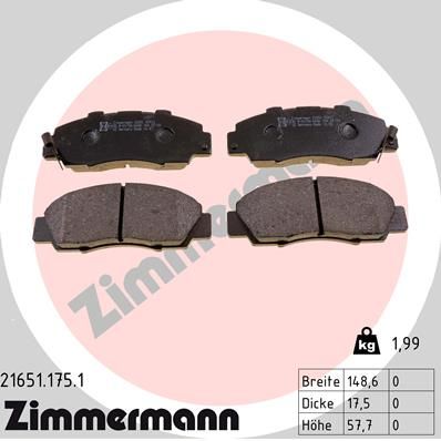 Комплект тормозных колодок, дисковый тормоз ZIMMERMANN 216511751