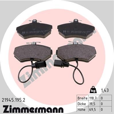 Комплект тормозных колодок, дисковый тормоз ZIMMERMANN 219451952