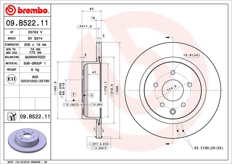 Тормозной диск BREMBO 09B52211