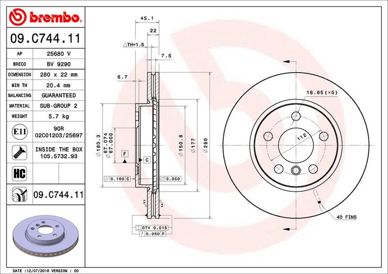 Тормозной диск BREMBO 09C74411