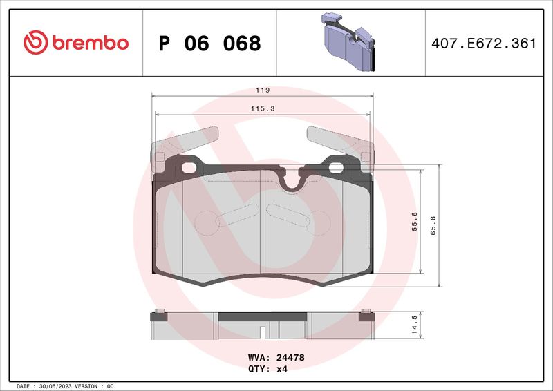 Комплект тормозных колодок, дисковый тормоз BREMBO P06068