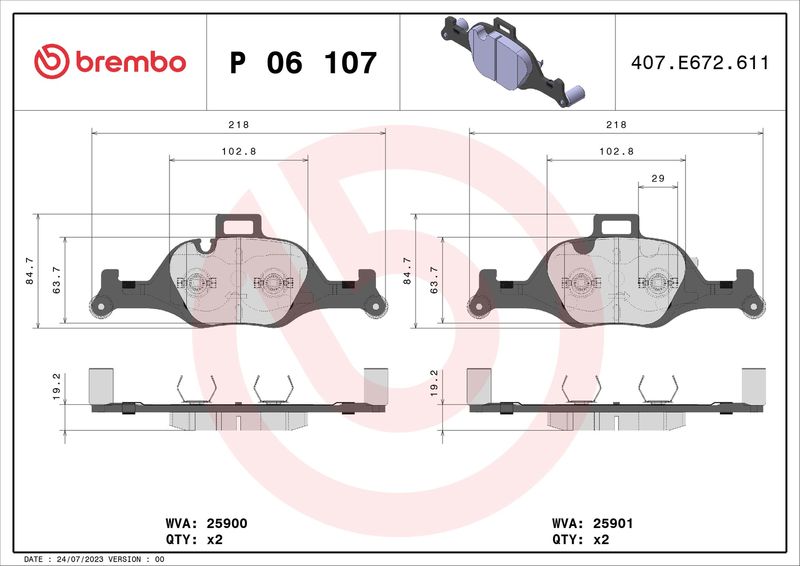 Комплект тормозных колодок, дисковый тормоз BREMBO P06107