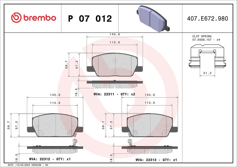 Комплект тормозных колодок, дисковый тормоз BREMBO P07012