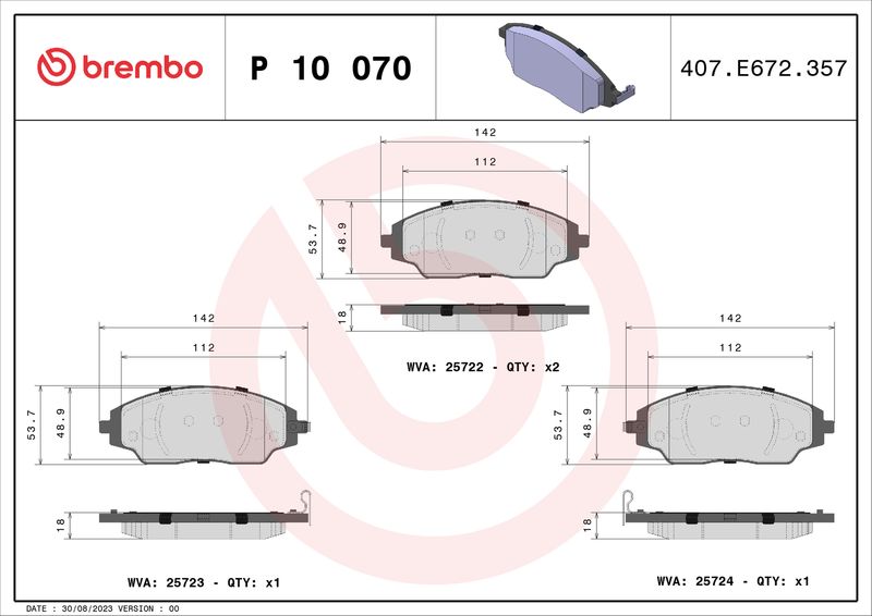 Комплект тормозных колодок, дисковый тормоз BREMBO P10070