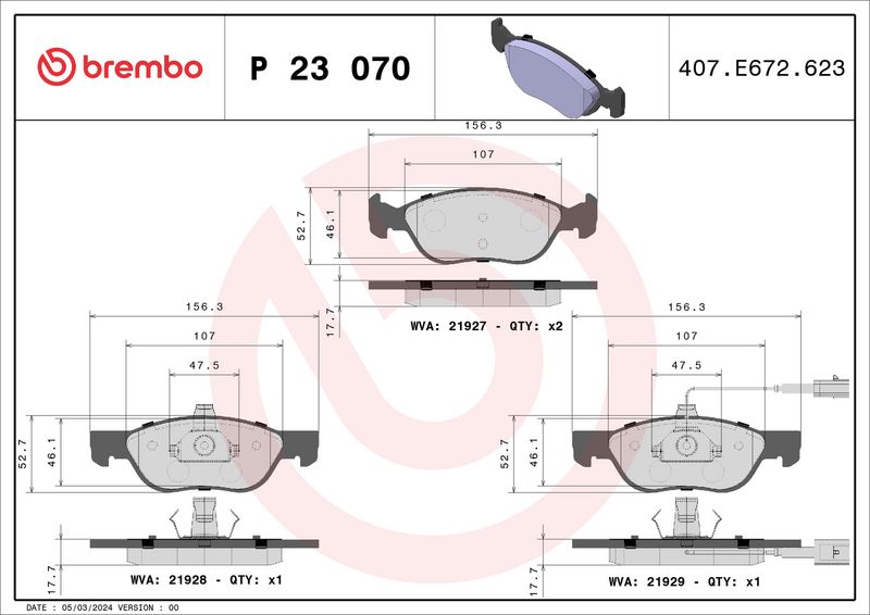 Комплект тормозных колодок, дисковый тормоз BREMBO P23070