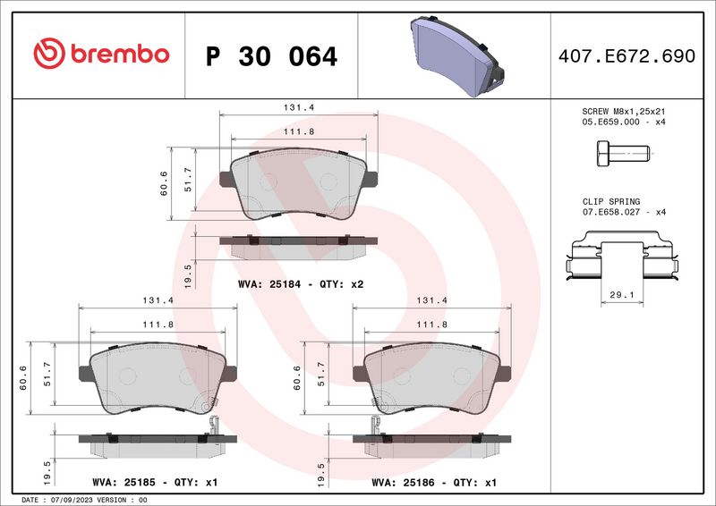 Комплект тормозных колодок, дисковый тормоз BREMBO P30064
