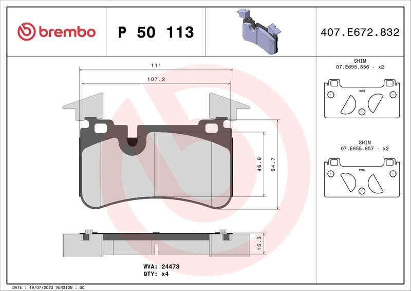 Комплект тормозных колодок, дисковый тормоз BREMBO P50113